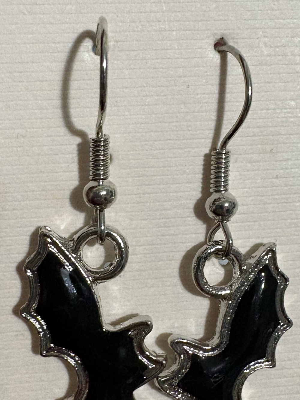Silver tone Bat Drop Earrings with Black Enamel